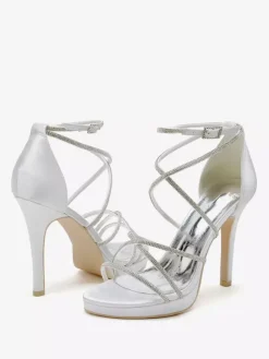 White Wedding Shoes Satin Open Toe Rhinestones Strappy Bridal Shoes