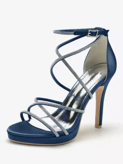 White Wedding Shoes Satin Open Toe Rhinestones Strappy Bridal Shoes