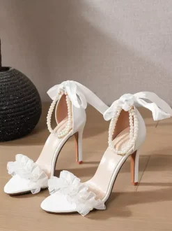 White Wedding Shoes Women's Open Toe Pearls Lace Up Sandals