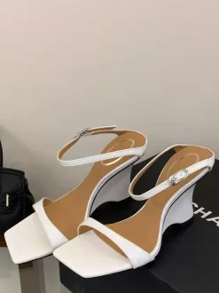 White Wedge Sandals Women's Open Toe Buckle Detail Backless Sandal Shoes