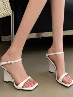 White Wedge Sandals Women's Open Toe Buckle Detail Backless Sandal Shoes