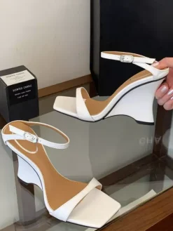 White Wedge Sandals Women's Open Toe Buckle Detail Backless Sandal Shoes