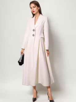 White Wool Cashmere Blend Flared Coat Lapel Double-Faced Winter Outerwear 2026
