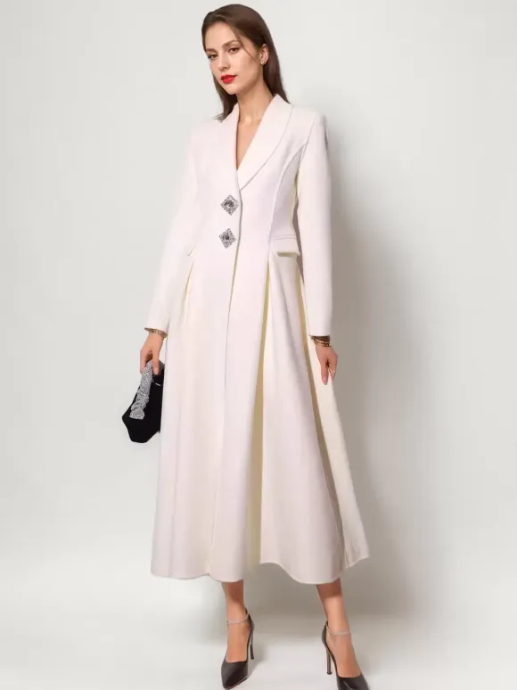 White Wool Cashmere Blend Flared Coat Lapel Double-Faced Winter Outerwear 2026