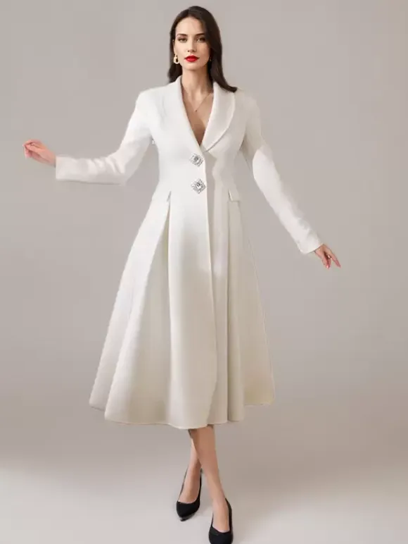 White Wool Cashmere Blend Flared Coat Lapel Double-Faced Winter Outerwear 2026