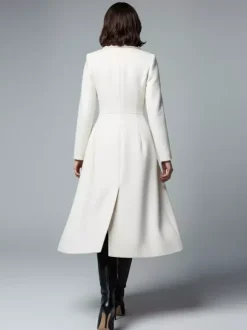 White Woolen Double-Breasted Midi Coat With Sharp Lapel And X-Line For Women 2026