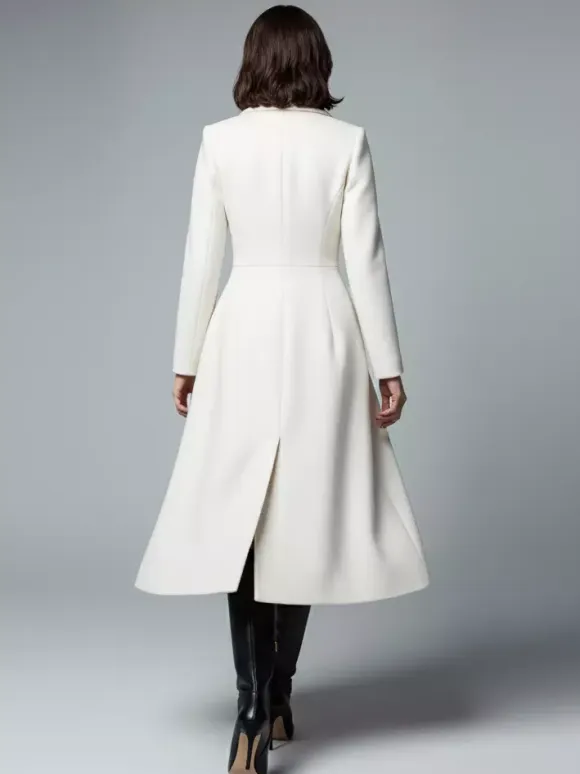 White Woolen Double-Breasted Midi Coat With Sharp Lapel And X-Line For Women 2026