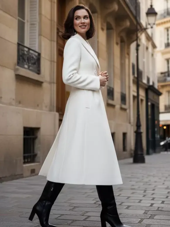 White Woolen Double-Breasted Midi Coat With Sharp Lapel And X-Line For Women 2026