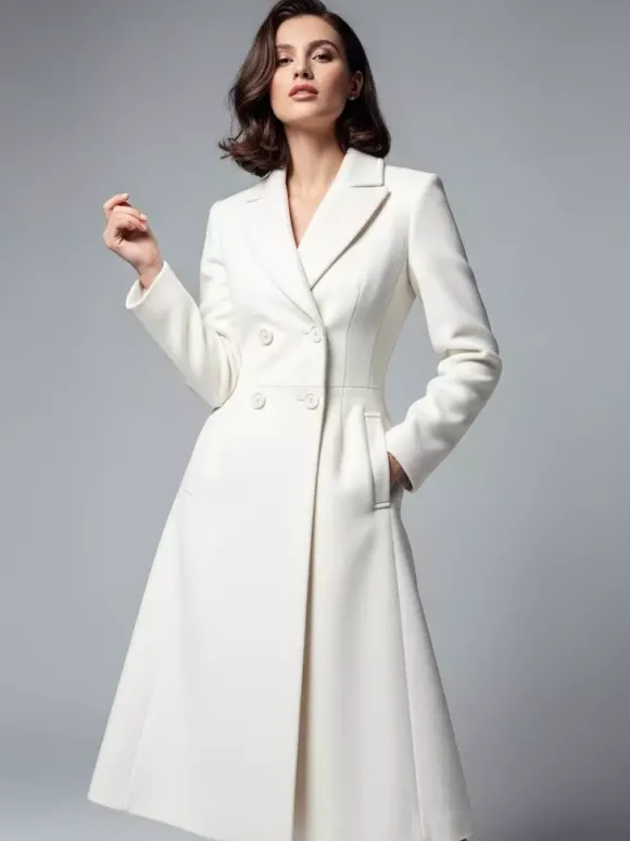 White Woolen Double-Breasted Midi Coat With Sharp Lapel And X-Line For Women 2026