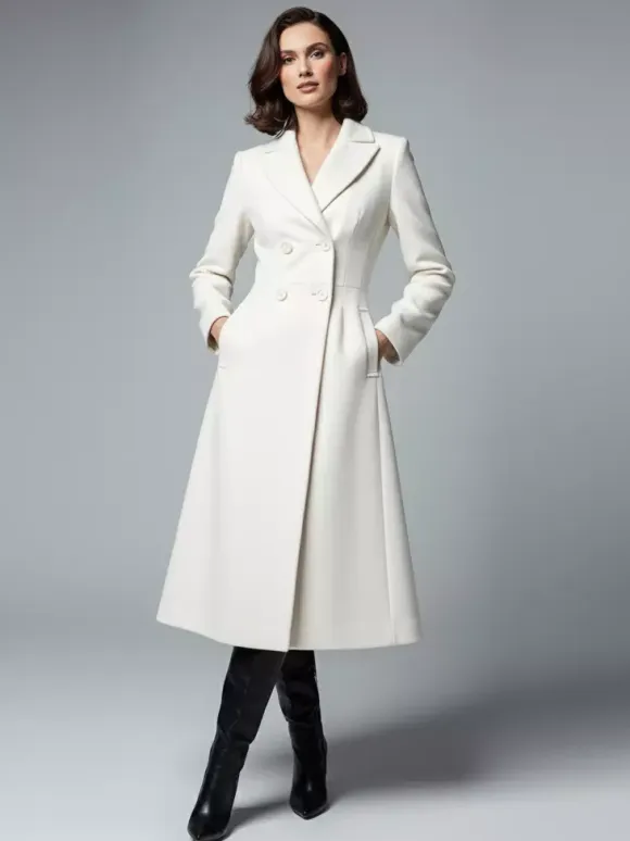 White Woolen Double-Breasted Midi Coat With Sharp Lapel And X-Line For Women 2026