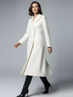 White Woolen Double-Breasted Midi Coat With Sharp Lapel And X-Line For Women 2026