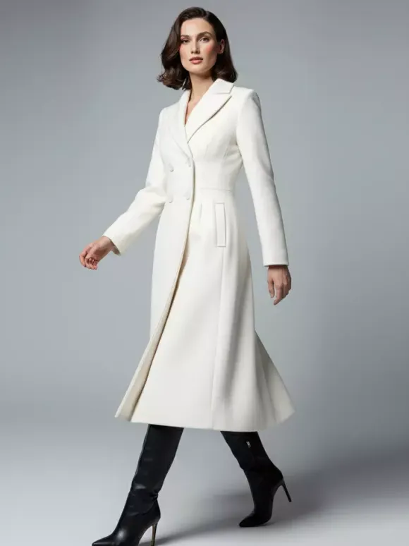 White Woolen Double-Breasted Midi Coat With Sharp Lapel And X-Line For Women 2026