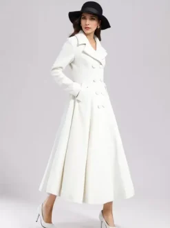 White Woolen Flared Coat For Woman Wide Lapel Double-breasted Winter A-line Midi Outerwear 2026