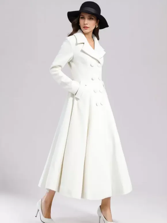 White Woolen Flared Coat For Woman Wide Lapel Double-breasted Winter A-line Midi Outerwear 2026