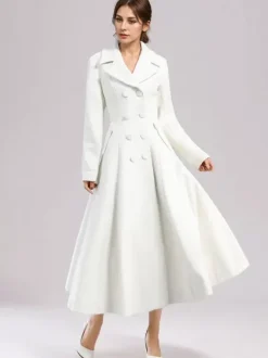 White Woolen Flared Coat For Woman Wide Lapel Double-breasted Winter A-line Midi Outerwear 2026