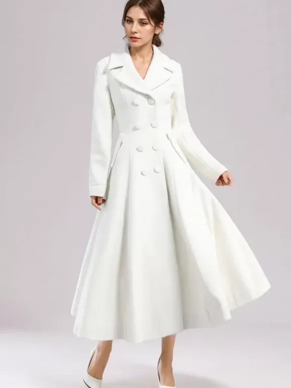 White Woolen Flared Coat For Woman Wide Lapel Double-breasted Winter A-line Midi Outerwear 2026