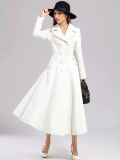 White Woolen Flared Coat For Woman Wide Lapel Double-breasted Winter A-line Midi Outerwear 2026
