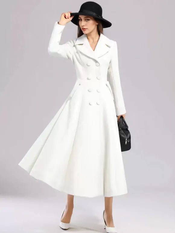 White Woolen Flared Coat For Woman Wide Lapel Double-breasted Winter A-line Midi Outerwear 2026