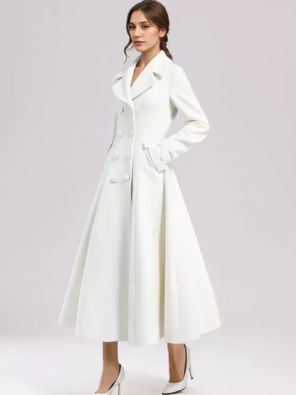 White Woolen Flared Coat For Woman Wide Lapel Double-breasted Winter A-line Midi Outerwear 2026