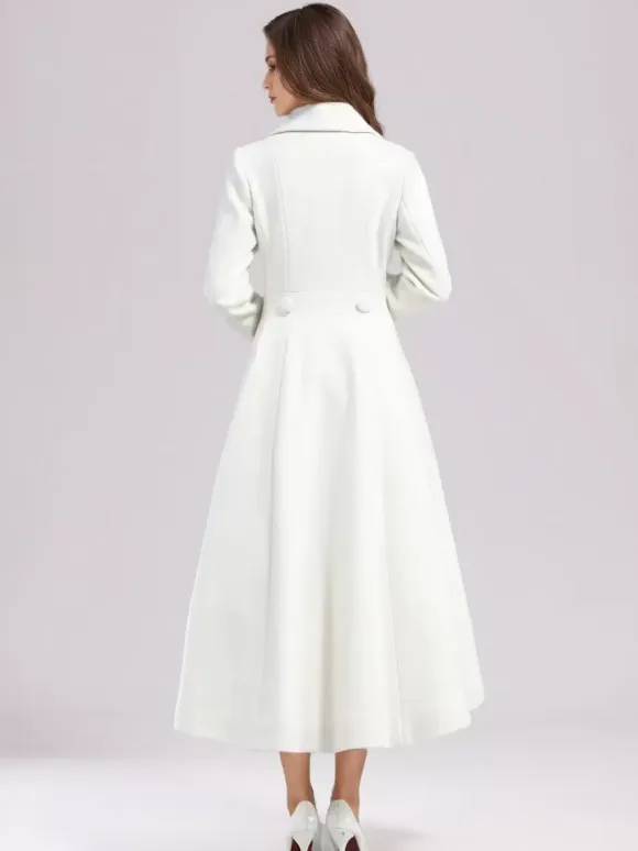 White Woolen Flared Coat For Woman Wide Lapel Double-breasted Winter A-line Midi Outerwear 2026