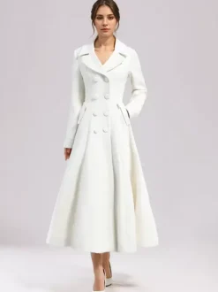 White Woolen Flared Coat For Woman Wide Lapel Double-breasted Winter A-line Midi Outerwear 2026