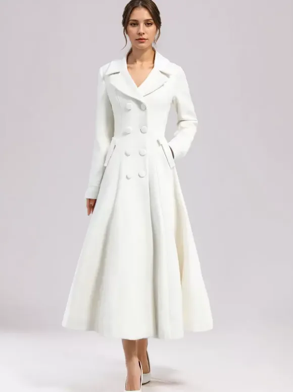 White Woolen Flared Coat For Woman Wide Lapel Double-breasted Winter A-line Midi Outerwear 2026