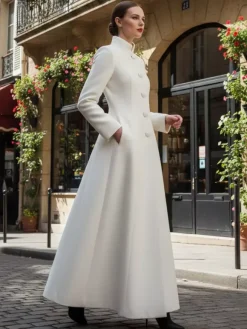 White Woolen Full-Length Coat With Stand Collar And A-Line Silhouette For Women 2026