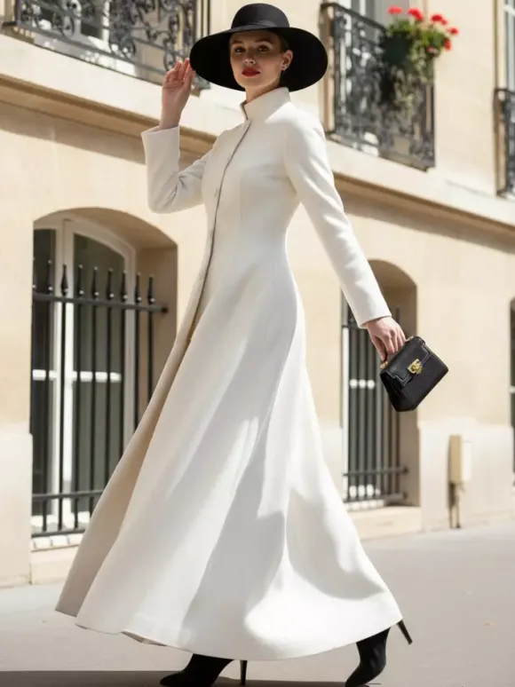 White Woolen Full-Length Coat With Stand Collar And A-Line Silhouette For Women 2026