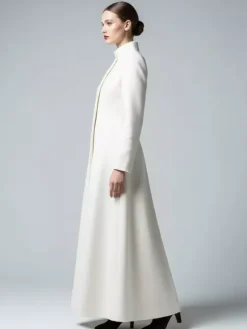 White Woolen Full-Length Coat With Stand Collar And A-Line Silhouette For Women 2026