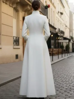 White Woolen Full-Length Coat With Stand Collar And A-Line Silhouette For Women 2026