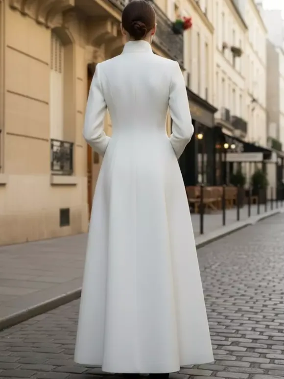 White Woolen Full-Length Coat With Stand Collar And A-Line Silhouette For Women 2026