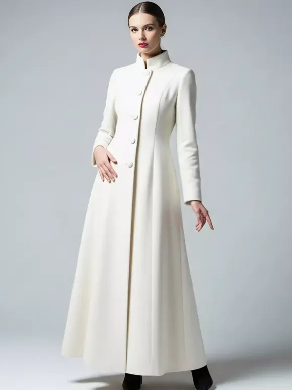 White Woolen Full-Length Coat With Stand Collar And A-Line Silhouette For Women 2026