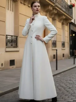 White Woolen Full-Length Coat With Stand Collar And A-Line Silhouette For Women 2026