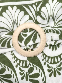 White Base Green Boho Print Halter Jumpsuit Back Self Tie Wooden Buckle Belt High Waist Flow Wide Leg Vacation Playsuit