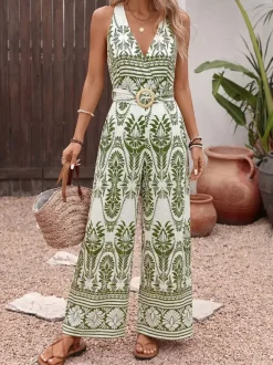 White Base Green Boho Print Halter Jumpsuit Back Self Tie Wooden Buckle Belt High Waist Flow Wide Leg Vacation Playsuit