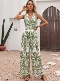 White Base Green Boho Print Halter Jumpsuit Back Self Tie Wooden Buckle Belt High Waist Flow Wide Leg Vacation Playsuit