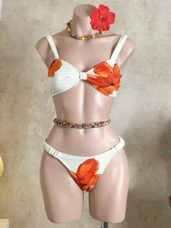 White Base Red Floral Print Underwire Bikini Set