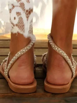 White Beaded Flat Wedding Sandals Boho Wedding Shoes