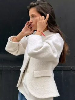 White Boucle Women's Short Jacket - Elegant V Neck Puff Sleeve Slim Fit Outerwear - French Chic Spring Outfits 2026
