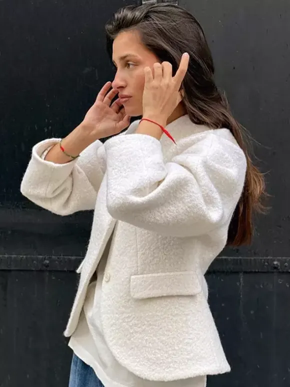 White Boucle Women's Short Jacket - Elegant V Neck Puff Sleeve Slim Fit Outerwear - French Chic Spring Outfits 2026