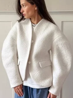 White Boucle Women's Short Jacket - Elegant V Neck Puff Sleeve Slim Fit Outerwear - French Chic Spring Outfits 2026