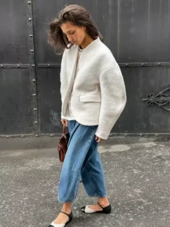 White Boucle Women's Short Jacket - Elegant V Neck Puff Sleeve Slim Fit Outerwear - French Chic Spring Outfits 2026