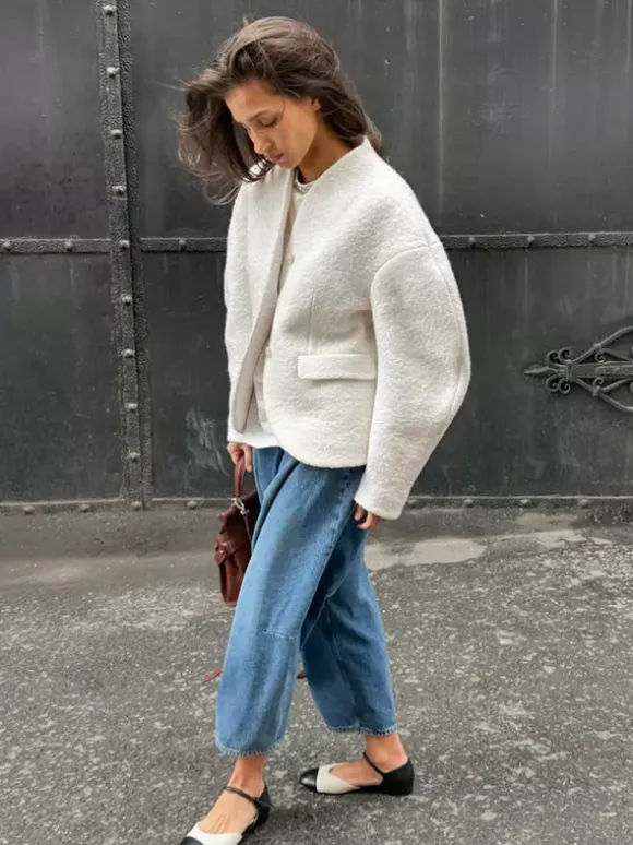 White Boucle Women's Short Jacket - Elegant V Neck Puff Sleeve Slim Fit Outerwear - French Chic Spring Outfits 2026