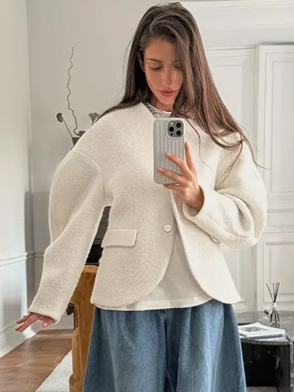 White Boucle Women's Short Jacket - Elegant V Neck Puff Sleeve Slim Fit Outerwear - French Chic Spring Outfits 2026