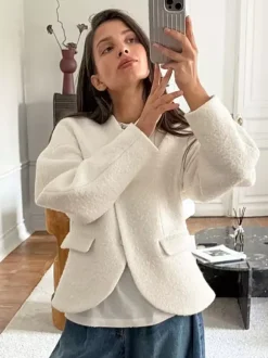 White Boucle Women's Short Jacket - Elegant V Neck Puff Sleeve Slim Fit Outerwear - French Chic Spring Outfits 2026