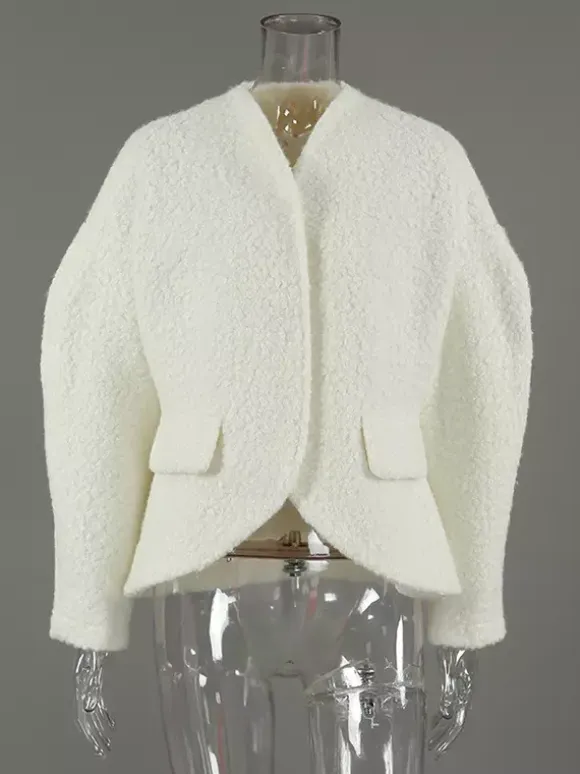 White Boucle Women's Short Jacket - Elegant V Neck Puff Sleeve Slim Fit Outerwear - French Chic Spring Outfits 2026