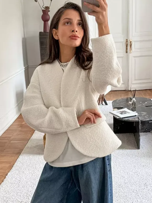 White Boucle Women's Short Jacket - Elegant V Neck Puff Sleeve Slim Fit Outerwear - French Chic Spring Outfits 2026