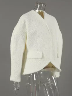 White Boucle Women's Short Jacket - Elegant V Neck Puff Sleeve Slim Fit Outerwear - French Chic Spring Outfits 2026