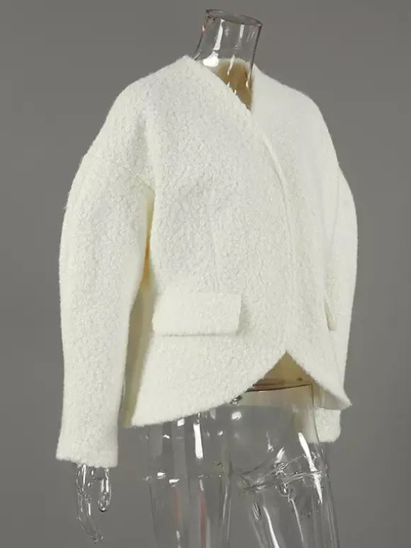 White Boucle Women's Short Jacket - Elegant V Neck Puff Sleeve Slim Fit Outerwear - French Chic Spring Outfits 2026