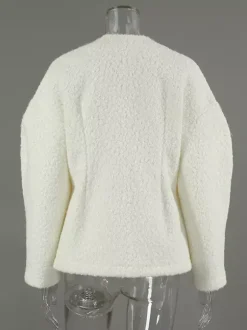 White Boucle Women's Short Jacket - Elegant V Neck Puff Sleeve Slim Fit Outerwear - French Chic Spring Outfits 2026
